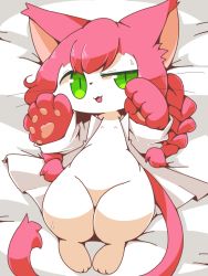Rule 34 | 1girl, :3, animal ears, animal nose, body fur, cat, cat busters, cat ears, cat girl, cat tail, commentary request, crepix, furry, furry female, green eyes, half-closed eye, lab coat, long hair, looking at viewer, neko hakase (cat busters), nipples, on bed, open mouth, pawpads, pink hair, slit pupils, solo, sweat, sweatdrop, tail, whiskers, white fur