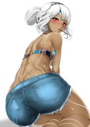 Rule 34 | 10s, 1girl, altera (fate), ass, bandeau, bare back, blush, breasts, butt crack, dark-skinned female, dark skin, fate/extella, fate/extra, fate/grand order, fate (series), food, hairband, highres, hitotsuki nebura, looking back, mouth hold, pocky, red eyes, short shorts, shorts, small breasts, solo, strapless, sweat, tattoo, white hair