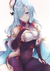 Rule 34 | 1girl, black bodysuit, bodysuit, breasts, commentary request, detached sleeves, genshin impact, grey eyes, grey hair, hair ornament, hand on own chest, highres, long hair, looking at viewer, parted bangs, shenhe (genshin impact), sidelocks, simple background, sitting, smile, solo, user pwth2328, white background