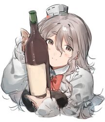Rule 34 | 1girl, absurdres, blush, bottle, grey eyes, grey hair, hat, highres, holding, holding bottle, kantai collection, long hair, looking at viewer, mini hat, pola (kancolle), shishamo (domado), simple background, sketch, smile, solo, upper body, white background, wine bottle
