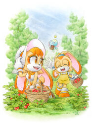 Rule 34 | 2girls, artist name, basket, berry, blue sky, chao (sonic), cheese (sonic), closed eyes, cream the rabbit, dated, dress, finik, food, fruit, furry, furry female, gloves, grass, hat, highres, holding, holding basket, mother and daughter, multiple girls, open mouth, orange hair, outdoors, plant, shoes, signature, sky, sonic (series), strawberry, teeth, tree, upper teeth only, vanilla the rabbit, watermark, waving, white gloves, white headwear, yellow overalls
