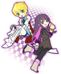 Rule 34 | 2boys, armor, blonde hair, blue eyes, boots, checkered background, coat, flynn scifo, food, full body, gloves, greaves, ice cream, knee boots, long hair, looking back, male focus, mikou (toromappo), multicolored hair, multiple boys, pants, panty &amp; stocking with garterbelt, parody, pink hair, purple eyes, purple hair, smile, standing, standing on one leg, style parody, sword, tales of (series), tales of vesperia, two-tone hair, weapon, yuri lowell
