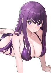 Rule 34 | 1girl, :t, ass, baguette (baguettech), bikini, blunt bangs, blush, breasts, butt crack, cleavage, closed mouth, fern (sousou no frieren), highres, large breasts, long hair, looking at viewer, lying, on stomach, pout, purple eyes, purple hair, sidelocks, simple background, solo, sousou no frieren, suprakill, swimsuit, wet, white background