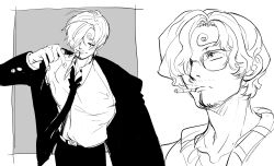 Rule 34 | 1boy, cigarette, closed eyes, curly eyebrows, curly hair, facial hair, formal, glasses, highres, jacket, monochrome, mouth hold, necktie, one piece, pants, rita ya, sanji (one piece), shirt, short hair, smile, suit