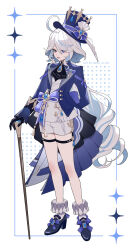 Rule 34 | 1girl, ahoge, arm behind back, artist name, ascot, black ascot, black gloves, blue bow, blue brooch, blue eyes, blue hair, blue hat, blue jacket, bow, full body, furina (genshin impact), genshin impact, gloves, hair between eyes, hat, heterochromia, highres, jacket, legs, light blue hair, long hair, lower teeth only, multicolored hair, nana illust, open clothes, open jacket, open mouth, shorts, sidelocks, simple background, smile, solo, standing, streaked hair, teeth, top hat, two-tone hair, white shorts