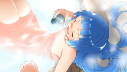 Rule 34 | 1girl, blue hair, drink, closed eyes, long hair, mascot, nipako, ole tower, onsen, open mouth, partially submerged, smile, solo, yuto (dialique)