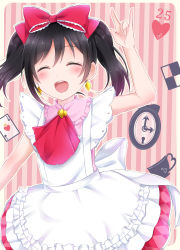 Rule 34 | 10s, 1girl, :d, ^ ^, ace (playing card), ace of hearts, ascot, black hair, bow, card, closed eyes, cup, dress, earrings, facing viewer, frilled dress, frilled shirt collar, frills, hair bow, heart, highres, jewelry, korekara no someday, love live!, love live! school idol project, m/, mashuhope (chinesere), open mouth, playing card, smile, solo, striped, striped background, teacup, twintails, vertical stripes, watch, yazawa nico