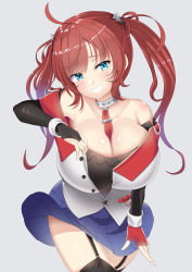 Rule 34 | 1girl, alternate breast size, aqua eyes, azur lane, bare shoulders, black gloves, black thighhighs, blue skirt, breasts, bridal gauntlets, cleavage, garter straps, gloves, grey background, highres, huge breasts, jacket, long hair, miniskirt, partially unbuttoned, red hair, san diego (azur lane), shiny skin, simple background, skirt, smile, solo, takimoto yukari, teeth, thighhighs, twintails, white jacket