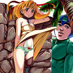 Rule 34 | 1boy, 1girl, adjusting hair, against wall, bare arms, bare shoulders, belt, blonde hair, blue headwear, blush, bodysuit, bow, bow panties, breasts, brown belt, capcom, character request, cleavage cutout, clothes lift, clothing cutout, coconut tree, collar, egg, feet out of frame, green bodysuit, heart, heart cutout, helmet, kouno (masao), long hair, looking at viewer, mega man (character), mega man (classic), mega man (series), palm tree, panties, peg leg, simple background, skirt, skirt lift, small breasts, standing, stone wall, striped clothes, striped panties, tree, underwear, wall, what, white background, wind, wind lift