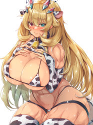 Rule 34 | 1girl, abs, animal ears, animal print, bare shoulders, blonde hair, breasts, bridal gauntlets, cleavage, cow ears, cow print, detached sleeves, barghest (fate), fate/grand order, fate (series), green eyes, heterochromia, highres, horns, large breasts, long hair, looking at viewer, muscular, muscular male, navel, red eyes, satou (kuso-neet), solo, thick thighs, thighhighs, thighs, toned, white thighhighs