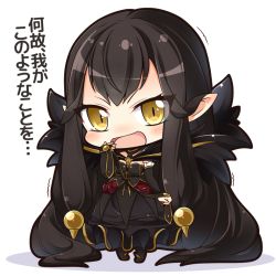 Rule 34 | 1girl, :d, absurdly long hair, black hair, breasts, cape, chibi, cleavage, commentary request, detached sleeves, fate/grand order, fate (series), long hair, looking at viewer, open mouth, pointy ears, semiramis (fate), shachoo., simple background, smile, solo, translation request, very long hair, yellow eyes
