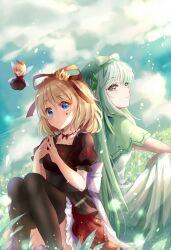 Rule 34 | 3girls, akinomiya asuka, alternate costume, black thighhighs, blonde hair, blue eyes, bow, breasts, crown, dress, fairy wings, flower, frilled shirt, frilled shirt collar, frilled sleeves, frills, grey eyes, hair ribbon, highres, lily of the valley, little doll queen, long hair, looking at viewer, medicine melancholy, mini crown, multiple girls, puffy short sleeves, puffy sleeves, red bow, red ribbon, ribbon, shirt, short hair, short sleeves, skirt, small breasts, smile, su-san, thighhighs, thighs, touhou, valloside majali, wavy hair, white dress, white hair, wings