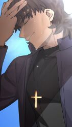 Rule 34 | 1boy, a altering, cross, cross necklace, fate/grand order, fate (series), from side, hand in own hair, highres, jewelry, long sleeves, male focus, necklace, pectorals, rasputin (fate), solo, thick eyebrows, upper body, wet, yellow eyes