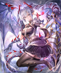Rule 34 | 1girl, argente purest silver (shadowverse), armor, belt, belt buckle, black skirt, blush, breasts, buckle, dark background, dragon girl, dragon horns, dragon tail, dragon wings, drill hair, earrings, feather earrings, feathers, foot out of frame, gem, grey eyes, grey hair, hair between eyes, highres, holding, holding shield, horns, jewelry, kouyafu, medium breasts, monster girl, multicolored hair, official art, pleated skirt, pointy ears, red hair, scales, shadowverse, shield, shoulder armor, single wing, skirt, smile, solo, spikes, tail, thighhighs, thighs, twintails, wings, zettai ryouiki
