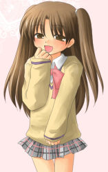 Rule 34 | 1boy, bow, brown eyes, brown hair, crossdressing, little busters!, lowres, male focus, naoe riki, open mouth, pink ribbon, plaid, plaid skirt, ribbon, school uniform, skirt, smile, solo, trap, twintails