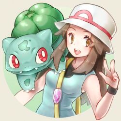 Rule 34 | 1girl, :d, breasts, brown eyes, brown hair, bucket hat, bulbasaur, commentary request, creatures (company), game freak, gen 1 pokemon, green shirt, hair flaps, hand up, hat, leaf (pokemon), long hair, medium breasts, nintendo, on shoulder, open mouth, pokemon, pokemon (creature), pokemon frlg, pokemon on shoulder, s (happycolor 329), shirt, sleeveless, sleeveless shirt, smile, teeth, tongue, upper teeth only, vs seeker, white headwear, wristband