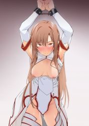Rule 34 | 1girl, armpits, arms up, asuna (sao), bdsm, blush, bondage, bound, bound wrists, breasts, brown eyes, brown hair, detached sleeves, drooling, female focus, groin, highres, long hair, looking at viewer, medium breasts, nipples, pussy juice, simple background, solo, sweat, sword art online, tears, thighhighs, torn clothes, uno ryoku