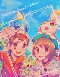 Rule 34 | 1boy, 1girl, beanie, blush, bob cut, brown eyes, brown hair, buttons, cardigan, cloud, commentary request, copyright name, creatures (company), day, dress, game freak, gen 8 pokemon, gloria (pokemon), green headwear, grey cardigan, grey headwear, grookey, hand up, hanenbo, hat, highres, looking at viewer, nintendo, on head, outdoors, pink dress, pokemon, pokemon (creature), pokemon on arm, pokemon on head, pokemon swsh, red shirt, scorbunny, shirt, short hair, sky, sleeves rolled up, sobble, starter pokemon trio, swept bangs, tam o&#039; shanter, tree, victor (pokemon)