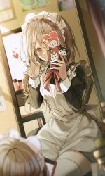 Rule 34 | 1girl, absurdres, apron, blush, brown eyes, brown hair, cellphone, closed mouth, highres, indoors, kuromi, long hair, long sleeves, maid, maid apron, maid headdress, mirror, my melody, onegai my melody, original, phone, sanrio, selfie, sitting, smile, solcha, solo, thighhighs