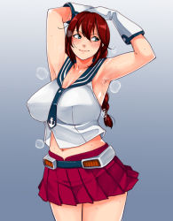 Rule 34 | 10s, 1girl, armpits, blue eyes, blush, breasts, curvy, ganto, gloves, gradient background, huge breasts, kantai collection, midriff, navel, noshiro (kancolle), ponytail, red hair, skirt, smell, smile, solo, sweat, wide hips