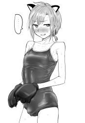 1boy absurdres animal_ears animal_hands bare_shoulders blush bulge cowboy_shot earclip fake_animal_ears genderswap genderswap_(otm) gloves greyscale highres kaiman_garupan kemonomimi_mode looking_at_viewer male_focus monochrome nervous_smile nijisanji one-piece_swimsuit open_mouth paw_gloves ryuushen school_swimsuit short_hair simple_background smile solo sweat swimsuit three_quarter_view trap virtual_youtuber white_background