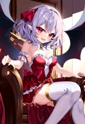 Rule 34 | 1girl, :d, absurdres, alternate costume, bat wings, breasts, chair, cleavage, commentary, detached collar, dress, fang, feet out of frame, hair ribbon, highres, looking at viewer, medium breasts, open mouth, pointy ears, purple hair, red dress, red eyes, red ribbon, remilia scarlet, ribbon, s vileblood, short hair, sitting, slit pupils, smile, solo, strapless, strapless dress, thighhighs, touhou, white thighhighs, wings