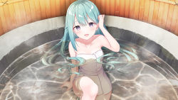 Rule 34 | 1girl, :d, artist request, artwhirl mahou gakuen no otome-tachi, bare arms, bare legs, bath, blue hair, blush, breasts, collarbone, euni (artwhirl), game cg, hair between eyes, indoors, long hair, looking at viewer, medium breasts, naked towel, open mouth, purple eyes, sitting, smile, solo, steam, straight hair, towel, very long hair