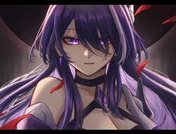 Rule 34 | 1girl, acheron (honkai: star rail), asymmetrical bangs, black choker, breasts, choker, cleavage, closed mouth, collarbone, commentary request, earrings, expressionless, eyebrows hidden by hair, grey background, hair over one eye, halterneck, highres, honkai: star rail, honkai (series), jewelry, large breasts, letterboxed, lips, long hair, looking at viewer, medium breasts, nose, partial commentary, petals, portrait, purple eyes, purple hair, red background, single bare shoulder, solo, toba (ymtb 06), very long hair