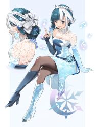 1girl black_hair blue_eyes blush breasts dress formal_clothes heterochromia high_heels highres ice long_hair looking_at_viewer luna_snow marvel marvel_rivals multicolored_hair official_alternate_costume open_mouth pantyhose riausausachimo smile solo two-tone_hair white_hair