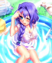 Rule 34 | 1girl, :p, ;d, blue hair, blush, braid, breasts, cat, cleavage, hair intakes, hose, kanon, large breasts, mature female, minase akiko, oekaki, one eye closed, open mouth, partially submerged, piro, pool, purple hair, see-through, shirt, sitting, smile, solo, tongue, tongue out, wading pool, water, wet, wet clothes, wet shirt, wink, zen