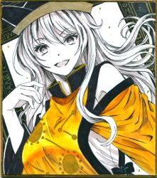Rule 34 | 1girl, :d, black hat, breasts, brown hat, commentary request, constellation print, detached sleeves, hajike akira, hat, highres, limited palette, long hair, long sleeves, looking at viewer, matara okina, medium breasts, open mouth, orange sleeves, orange tabard, shirt, sidelocks, smile, solo, sun print, tabard, touhou, traditional media, undershirt, very long hair, white shirt, wide sleeves