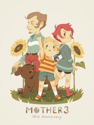 Rule 34 | 1girl, 2boys, anniversary, belt, blonde hair, blue hoodie, blue shirt, blue shorts, boney, boots, brown fur, brown hair, collared shirt, commentary request, copyright name, dog, flint (mother 3), flower, highres, hood, hoodie, kumatora, lucas (mother 3), mature male, mother (game), mother 3, multiple boys, nintendo, on grass, open mouth, pants, pink footwear, pink hair, red pants, red shirt, shifumame, shirt, shorts, simple background, solid circle eyes, standing, striped clothes, striped shirt, sunflower, tongue, tongue out, two-tone shirt, white background, yellow shirt