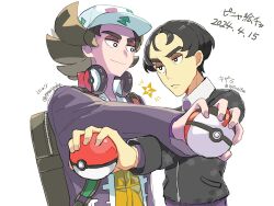 Rule 34 | 2boys, black eyes, bright pupils, closed mouth, collared shirt, commentary request, creatures (company), dated, eyeshadow, game freak, giacomo (pokemon), hat, headphones, highres, holding, holding poke ball, jacket, makeup, male focus, multiple boys, nintendo, nyoripoke, open clothes, open jacket, pointy hair, poke ball, poke ball (basic), pokemon, pokemon sv, shirt, smile, timer ball, twitter username, upper body, vest, white background, white hat, white pupils, yellow vest