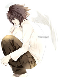 Rule 34 | 1boy, absurdres, angel wings, black hair, brown pants, closed eyes, death note, feathered wings, from side, hair between eyes, highres, kamiyamana, l (death note), long sleeves, male focus, medium hair, pants, shirt, simple background, single wing, solo, spiked hair, thumb to mouth, twitter username, white background, white shirt, white wings, wings