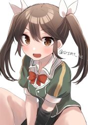 Rule 34 | 1girl, absurdres, blush, brown eyes, brown hair, elbow gloves, gloves, green jacket, hair between eyes, hair ribbon, highres, jacket, kantai collection, long hair, looking at viewer, military uniform, one-hour drawing challenge, open mouth, pelvic curtain, ribbon, shirasumato, short sleeves, simple background, single elbow glove, smile, solo, tone (kancolle), twintails, twitter username, uniform, white background, white ribbon