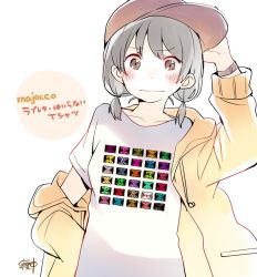 Rule 34 | 1girl, adjusting clothes, adjusting headwear, baseball cap, black hair, blush, brown eyes, commentary request, hand on own hip, hat, hood, hood down, hooded jacket, jacket, long sleeves, looking at viewer, low twintails, original, print shirt, shirt, short twintails, signature, simple background, solo, t-shirt, taneda yuuta, translation request, twintails, upper body, watch, wavy mouth, white background, white shirt, wristwatch, yellow jacket