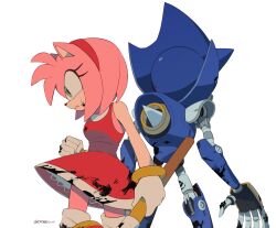 Rule 34 | 1boy, 1girl, amy rose, animal ears, animal nose, armor, artist name, back, bare shoulders, blue armor, bolt (hardware), bracelet, breasts, clenched hand, dress, eyelashes, fake animal ears, fake claws, furry, furry female, gloves, gold bracelet, green eyes, grey armor, hairband, hammer, hand up, hedgehog ears, hedgehog girl, highres, holding, holding hammer, holding weapon, jewelry, looking to the side, mechanical arms, mechanical hands, medium breasts, metal sonic, multicolored armor, ombeo o, pink fur, red dress, red hairband, robot, simple background, sleeveless, sleeveless dress, socks, sonic (series), standing, sweatdrop, teeth, weapon, white background, white gloves, white socks