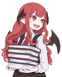 Rule 34 | 1girl, absurdres, black skirt, black vest, black wings, blush, blush stickers, book, collared shirt, colored eyelashes, demon wings, head wings, highres, holding, holding book, kame (kamepan44231), koakuma, long hair, long sleeves, necktie, one-hour drawing challenge, open mouth, pointy ears, red eyes, red hair, red necktie, shirt, simple background, skirt, smile, solo, touhou, upper body, vest, white background, white shirt, wings