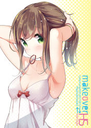 Rule 34 | 1girl, armpits, arms up, breasts, brown hair, camisole, closed mouth, collarbone, green eyes, hair tie, long hair, looking at viewer, medium breasts, original, ponytail, rougetsu, sidelocks, solo, tying hair, upper body, wristband