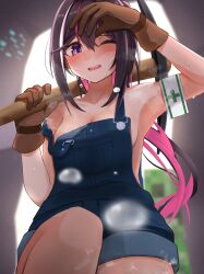 Rule 34 | 1girl, absurdres, armband, armpits, azki (4th costume) (hololive), azki (hololive), bare shoulders, black hair, blush, breasts, brown gloves, cleavage, colored inner hair, gloves, highres, holding, holding pickaxe, hololive, medium breasts, micon, multicolored hair, naked overalls, one eye closed, open mouth, overalls, pickaxe, pink hair, purple eyes, solo, steam, steaming body, streaked hair, sweat, virtual youtuber, white hair