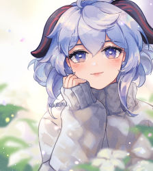 Rule 34 | 1girl, ahoge, alternate costume, arm support, artist name, blue hair, blurry, casual, commentary request, contemporary, depth of field, flower, ganyu (genshin impact), genshin impact, hair between eyes, head rest, horns, kuurimuart, long hair, long sleeves, looking at viewer, purple eyes, sidelocks, smile, solo, sweater, white background, white sweater
