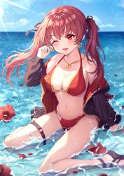 Rule 34 | 1girl, :d, bikini, bikini under clothes, black jacket, black ribbon, blue sky, blush, breasts, cleavage, earrings, flower, hair ribbon, heart, heart earrings, heart necklace, highres, hololive, hood, hooded jacket, houshou marine, houshou marine (summer), iyar, jacket, jewelry, large breasts, long hair, looking at viewer, navel, necklace, o-ring, o-ring thigh strap, ocean, one eye closed, open mouth, partially submerged, red bikini, red eyes, red flower, red hair, ribbon, sitting, sky, smile, solo, sunlight, swimsuit, thigh strap, twintails, unzipped, virtual youtuber, wariza, water, wet