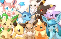 Rule 34 | blue eyes, blush, brown eyes, closed mouth, commentary request, creatures (company), eevee, espeon, flareon, game freak, gen 1 pokemon, gen 2 pokemon, gen 4 pokemon, gen 6 pokemon, glaceon, highres, jolteon, leafeon, looking at viewer, mimix, nintendo, no humans, open mouth, pikachu, pokemon, pokemon (creature), simple background, smile, sylveon, umbreon, vaporeon, white background