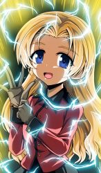 Rule 34 | 1girl, absurdres, adjusting clothes, adjusting gloves, alternate hairstyle, aura, black gloves, black skirt, blue eyes, commentary, dragon ball, dragonball z, electricity, epaulettes, girls und panzer, gloves, hair down, highres, jacket, kamishima kanon, long hair, long sleeves, looking at viewer, military, military uniform, open mouth, orange hair, orange pekoe (girls und panzer), pleated skirt, red jacket, skirt, smile, solo, st. gloriana&#039;s military uniform, standing, super saiyan, super saiyan 2, uniform