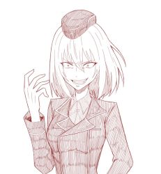 Rule 34 | 10s, birii, commentary request, constricted pupils, crazy eyes, crazy smile, garrison cap, girls und panzer, greyscale, hair between eyes, hand up, hat, itsumi erika, jacket, military, military hat, military uniform, monochrome, open mouth, smile, solo, teeth, uniform