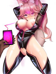 Rule 34 | 1boy, 1girl, @ @, absurdres, animal ear fluff, animal ears, arms behind head, black bodysuit, black gloves, blush, bodysuit, breasts, cellphone, center opening, cleavage, clothing cutout, fate/grand order, fate (series), fox ears, fox girl, fox tail, glasses, gloves, hair between eyes, hair ribbon, highres, hypnosis, koyanskaya (fate), kurofx, large breasts, long hair, looking at viewer, mind control, nipple slip, nipples, phone, pink hair, pink ribbon, ponytail, pussy, pussy cutout, ribbon, simple background, smile, sweat, tail, tamamo (fate), thigh cutout, thighs, underboob, white background, yellow eyes