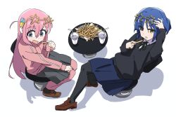 Rule 34 | 2girls, blue eyes, blue hair, bocchi the rock!, cardigan, cube hair ornament, cup, disposable cup, drinking straw, eating, eyewear on head, fast food, food, french fries, from above, gotoh hitori, hair ornament, highres, jacket, long hair, multiple girls, oekakiism, open mouth, pants, pants under skirt, pantyhose, pink hair, pink jacket, pink track suit, school uniform, short hair, sitting, white background, yamada ryo, yellow eyes