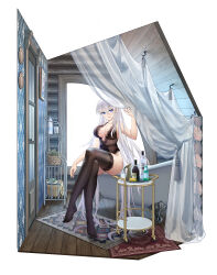 Rule 34 | 1girl, absurdly long hair, alcohol, bare shoulders, bathroom, blue eyes, bottle, breasts, brown camisole, brown thighhighs, camisole, casket, center opening, collarbone, crossed bangs, crossed legs, curtains, food, fruit, glass, hair between eyes, hair over shoulder, highres, lace, lace-trimmed camisole, lace-trimmed thighhighs, lace trim, large breasts, lemon, light blush, light rays, long hair, no shoes, open mouth, original, picture frame, plant, potted plant, purple nails, raised eyebrow, red carpet, shadow, sidelocks, sitting, smile, sunbeam, sunlight, tassel, thighhighs, towel, tsurime, very long hair, wallpaper (object), white hair, wide shot, window, wooden floor, wooden wall, yaxiya