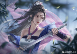 Rule 34 | 1girl, absurdres, bare shoulders, black hair, chi lian (qin shi ming yue), closed mouth, earrings, facial mark, falling leaves, floating clothes, forehead mark, glint, highres, holding, holding sword, holding weapon, huahua de lao fei, jewelry, leaf, long hair, long sleeves, o-ring dress, qinshi mingyue, realistic, sheath, solo, sword, tiara, unsheathing, upper body, weapon
