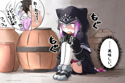 Rule 34 | +++, 0 0, 2boys, 2girls, animal ears, animal hood, barrel, black capelet, black gloves, black hair, black panties, bow, brick wall, capelet, commentary request, creature, eating, eyes visible through hair, fate/grand order, fate (series), food, fou (fate), fujimaru ritsuka (male), gloves, grey footwear, hair bow, hair over one eye, heart, highres, holding, holding food, hood, hood up, hooded capelet, knees up, long hair, mash kyrielight, medusa (fate), medusa (lancer) (fate), medusa (rider) (fate), merlin (fate), multiple boys, multiple girls, neon-tetora, panties, peeking out, pink hair, red bow, rider, shoes, sitting, thighhighs, translation request, underwear, very long hair, white hair, white legwear
